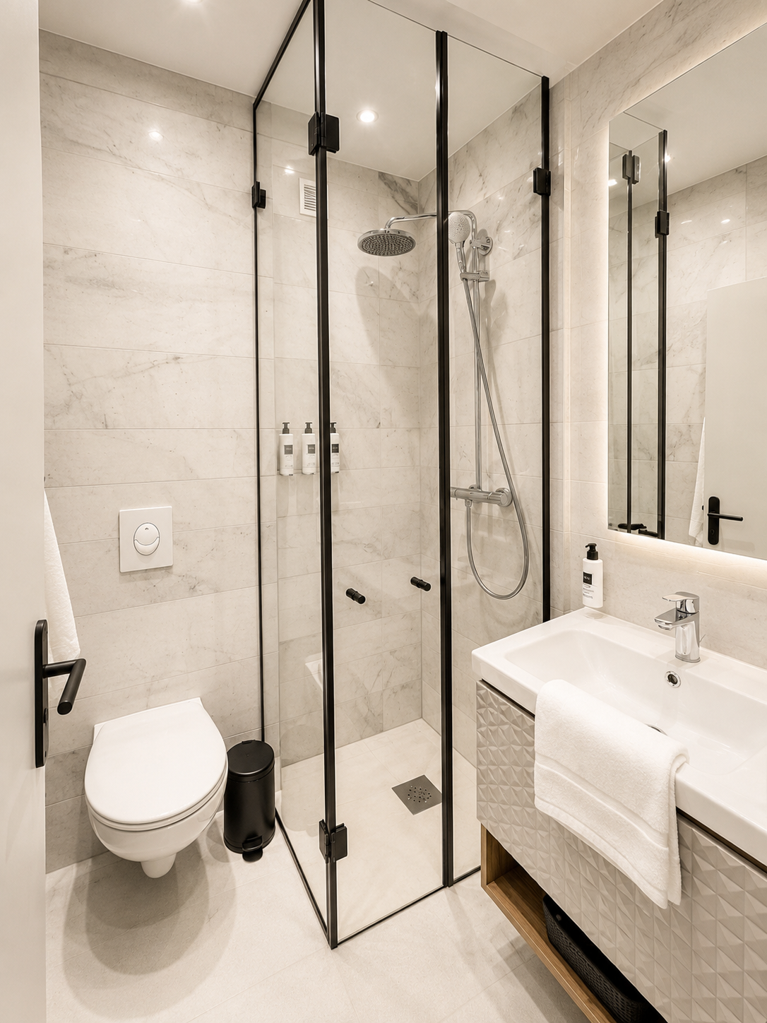 Salle de bain marbre, douche à l'italienne