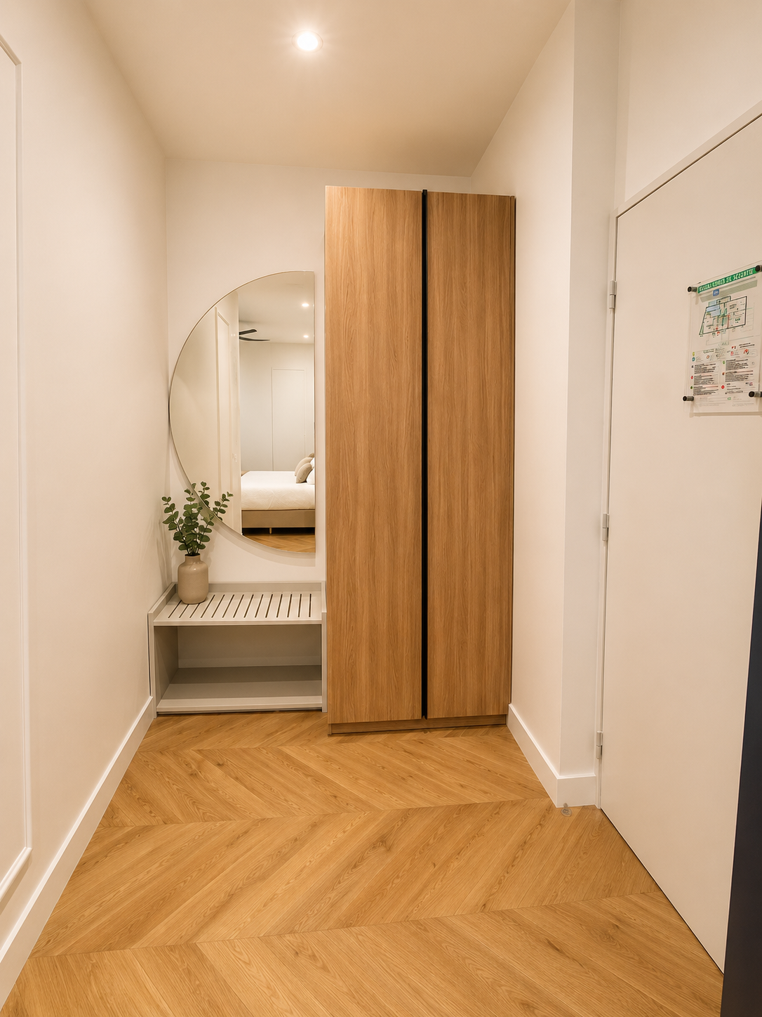 Entrée avec miroir rond et penderie