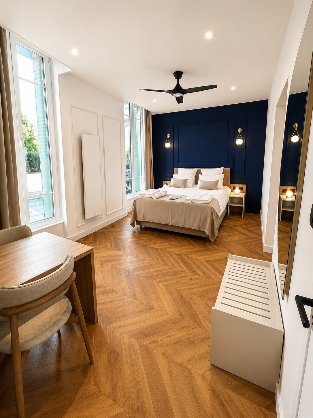 Parquet chevrons et ventilateur, Appart' Deluxe RDC